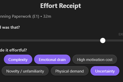 EMRALD Effort Receipt — difficulty rating, effort source tags, and calibration slider after a work session